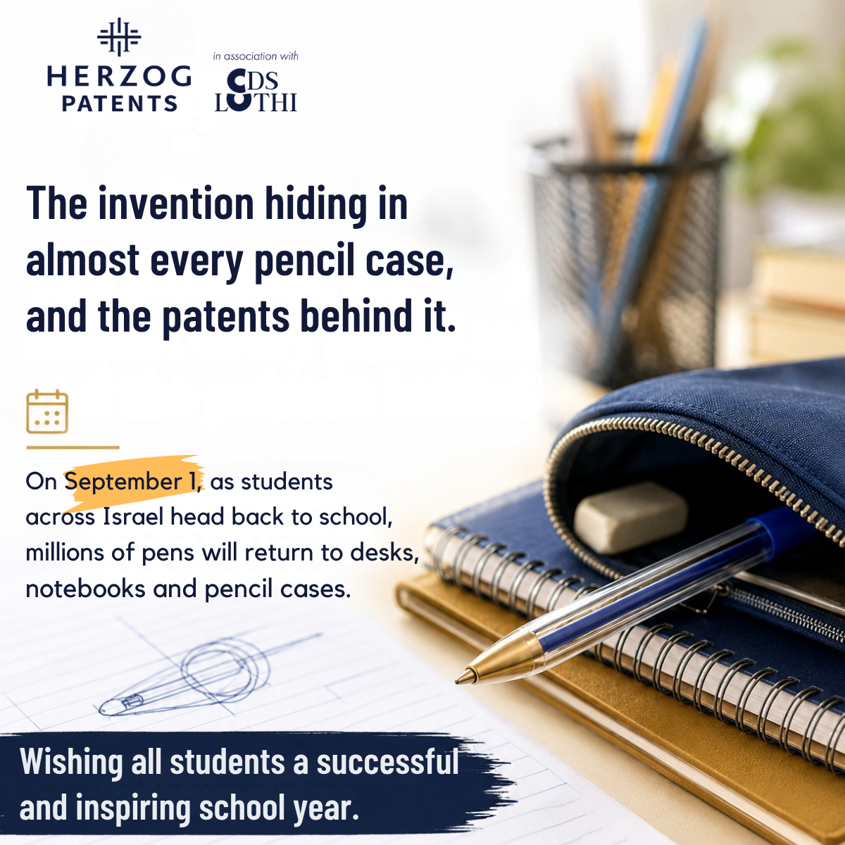 Back-to-school image featuring an open pencil case, ballpoint pen and notebooks, accompanying an article about the invention of the ballpoint pen and the patents behind it.